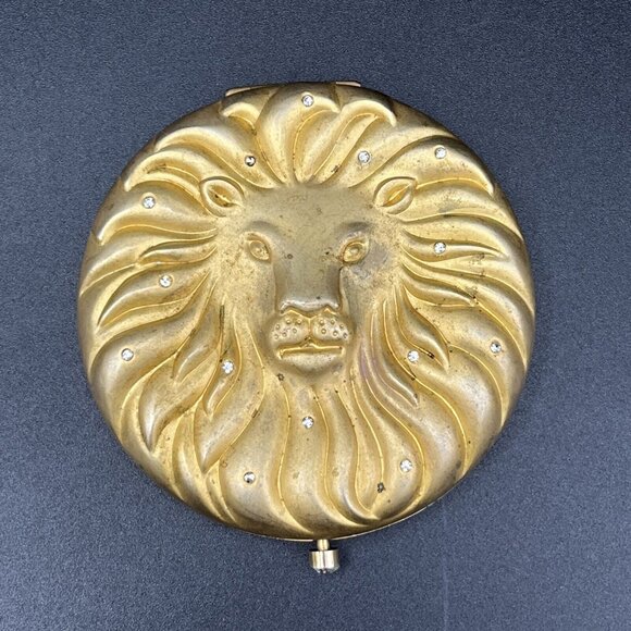 ESTEE LAUDER GOLDEN LEO LION LADIES POWDER COMPACT MATTE GOLD RHINESTONE JEWELS